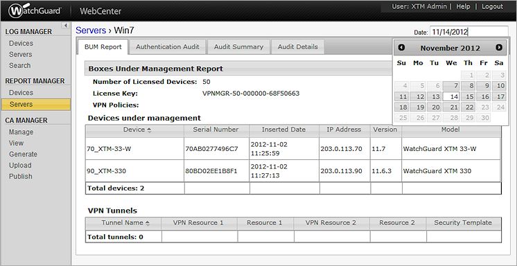 Capture d'écran de la page Rapport du BUM de Management Server, avec le sélecteur de date
