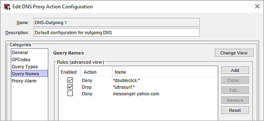 DNS-Outgoing.1 プロキシ アクションのクエリ名カテゴリのスクリーンショット