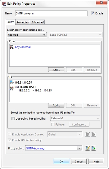 SMTP-proxy-in ポリシーのポリシー プロパティの編集のダイアログ ボックスのスクリーンショット