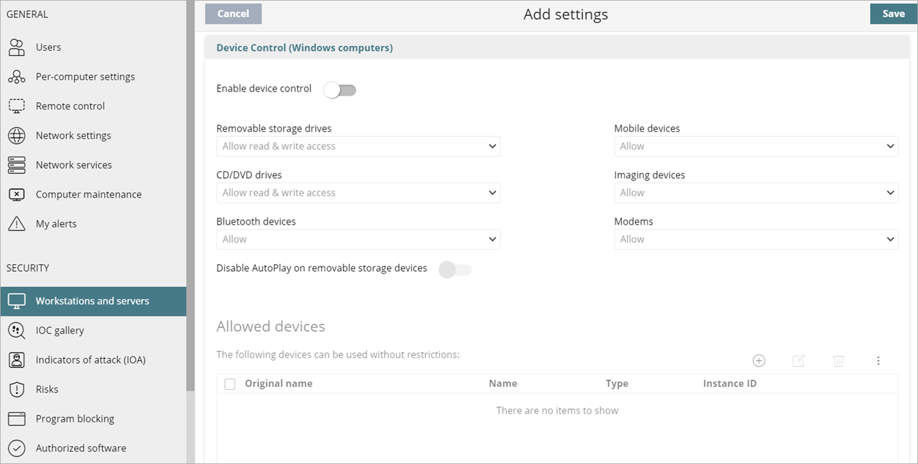 Screen shot of WatchGuard Endpoint Security, Device Control settings