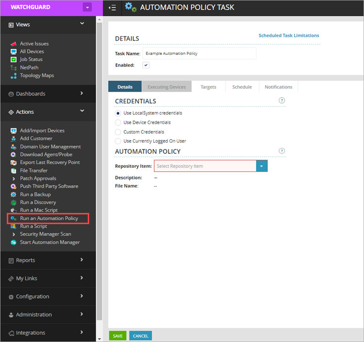 Screen shot of N-Central, Automation Policy Task page