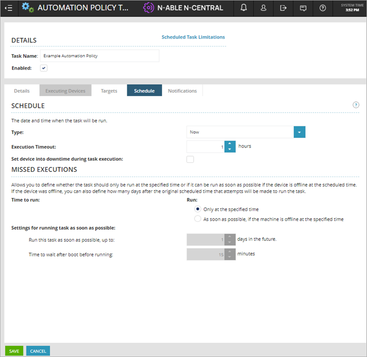 Screen shot of N-Central, Scheduled Task Limitations