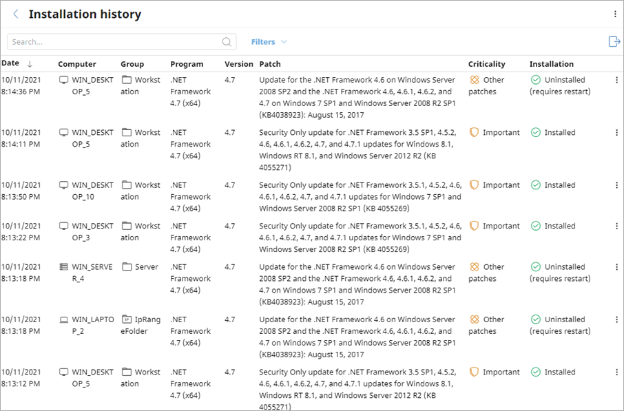 Screen shot of Installation History page
