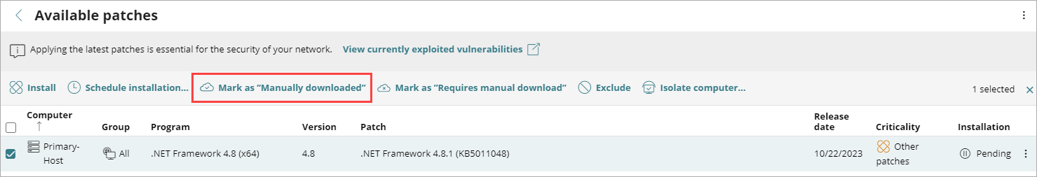 Screen shot of the Mark as manually downloaded button