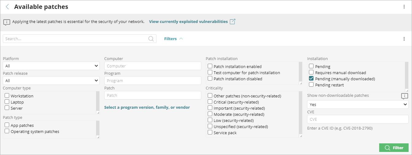 Screen shot of Available patches list and filter