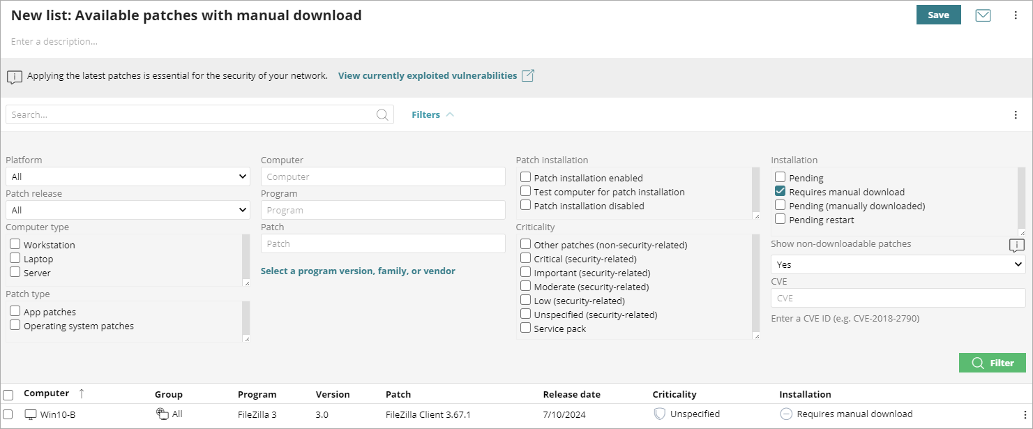 Screen shot of Available Patches list that shows patches that require manual download