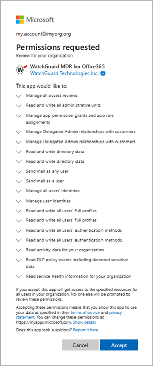 Screen shot of Microsoft Permissions Requested dialog box