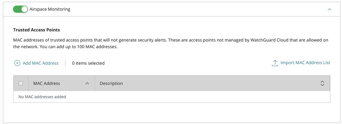 Screenshot of the access point Airspace Monitoring settings in WatchGuard Cloud