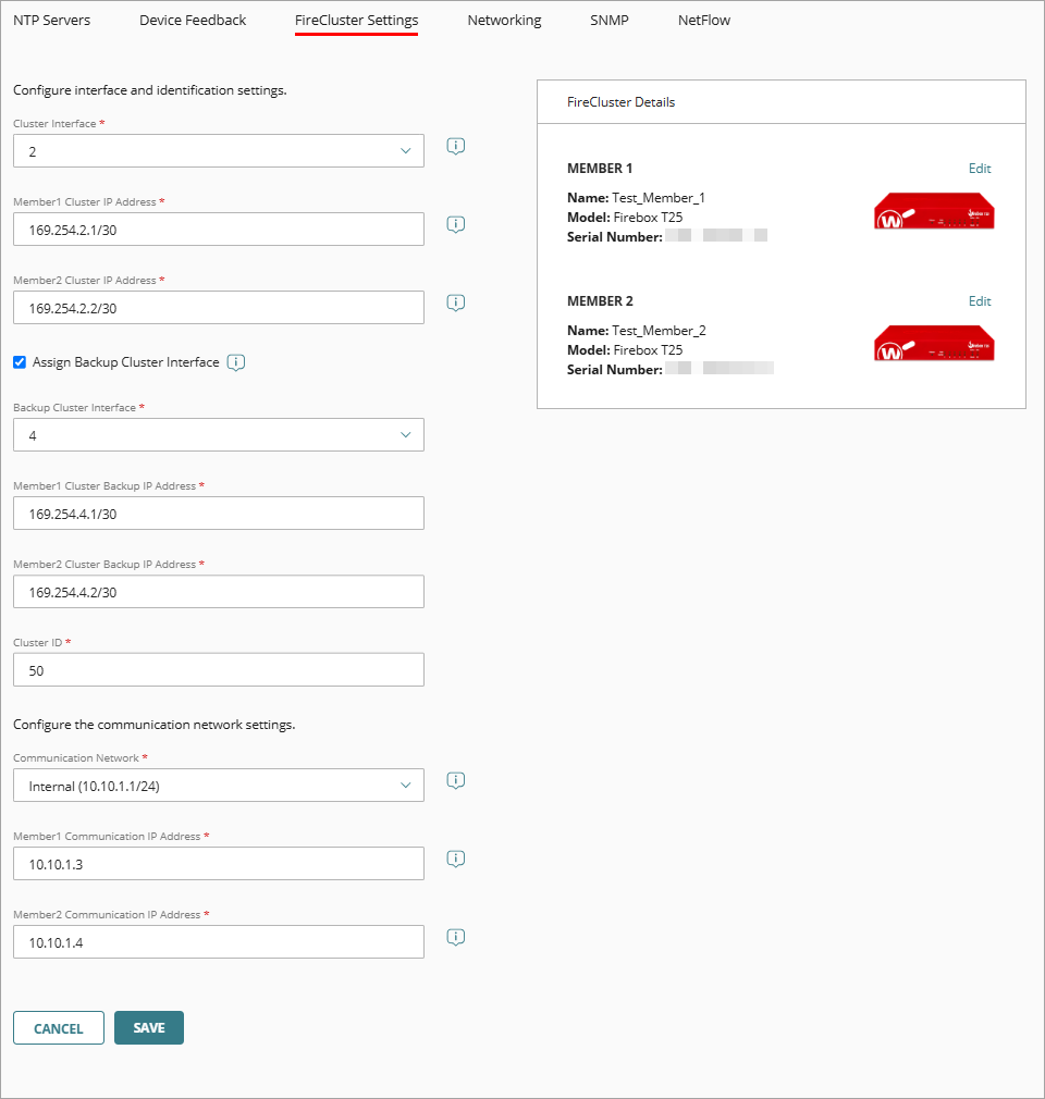 Screen shot of the FireCluster settings