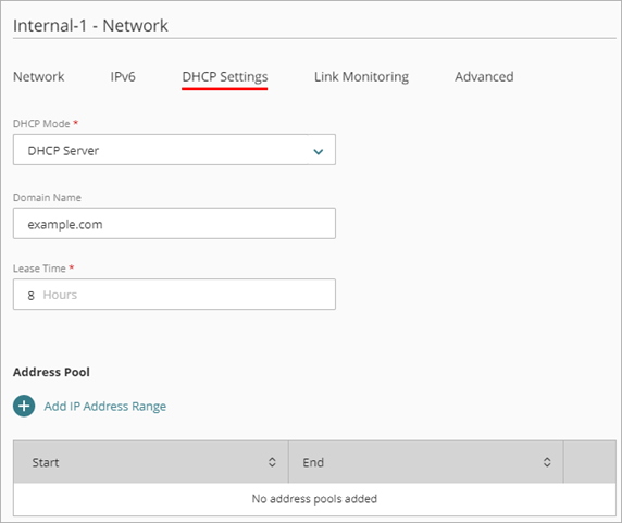Screen shot of the DHCP settings for DHCP Server