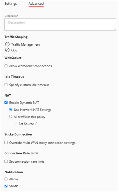 Screenshot of the SNMP notifications option in the advanced tab of a policy