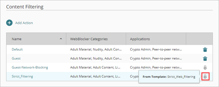 Screen shot of the Content Filtering settings for a Firebox, with a lock icon and hover text