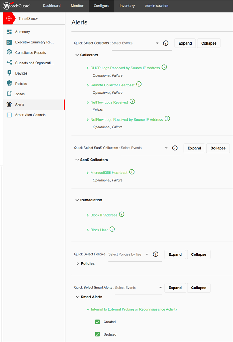 Screenshot of the Alerts page in the Configure menu in ThreatSync+ NDR