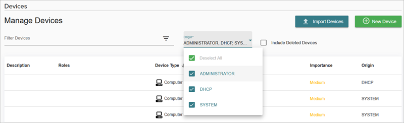 Screenshot of the Manage Devices page that shows the filter categories
