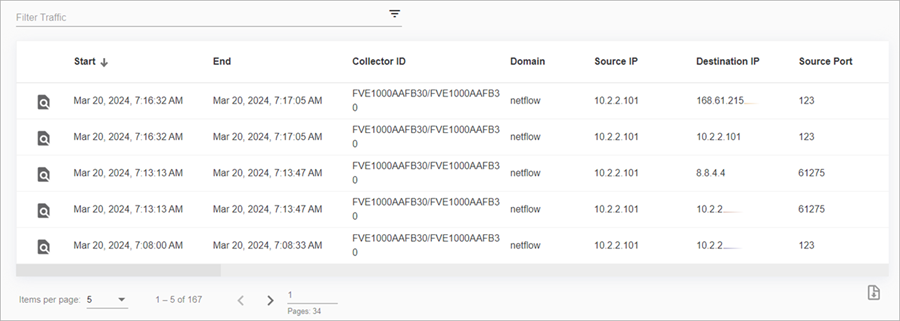 Screenshot of the Activity Records section of the Traffic page in ThreatSync+ NDR