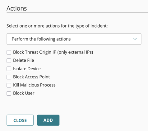 Screenshot of the Actions dialog box on the Add Policy page