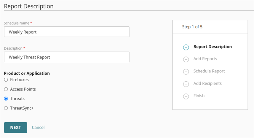 Scheduled Report Wizard hinzufügen, Schritt 1 – Berichtsbeschreibung