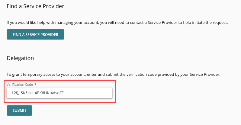 Screen shot of the delegation verification code pasted in to WatchGuard Cloud