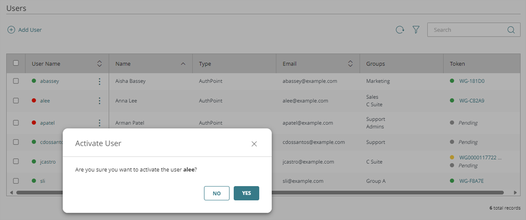 Screenshot that shows the Activate User window.