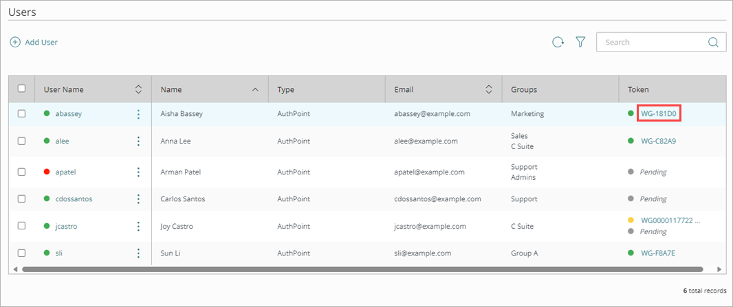 Screen shot that shows a token in the Users list.