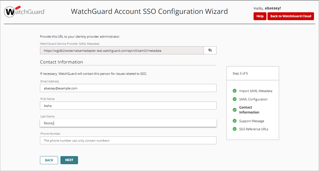 Screenshot of the SAML SSO configuration contact page