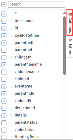 Screenshot of the Columns screen to change the items in the list