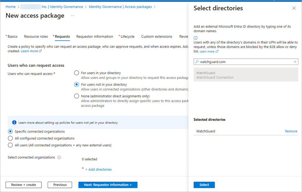 Screen shot of the New Access Package Requests tab