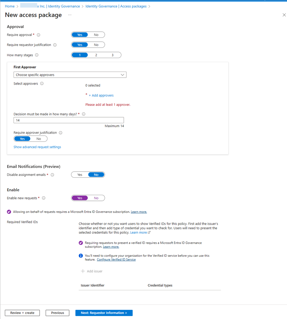 Screen shot of the New Access Package Requests tab