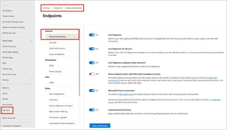 Screen shot of Microsoft Defender advanced features
