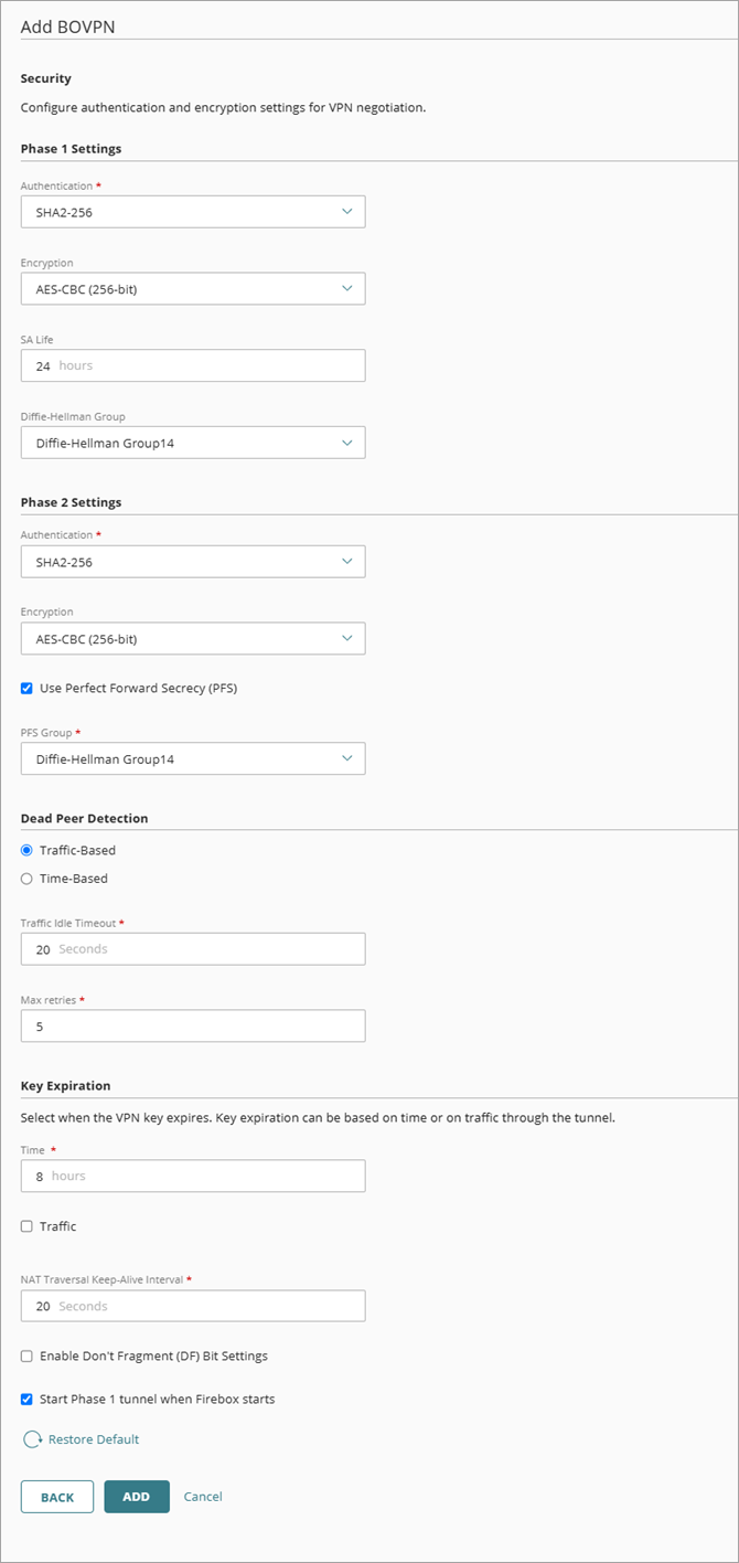 Screen shot of the default security settings