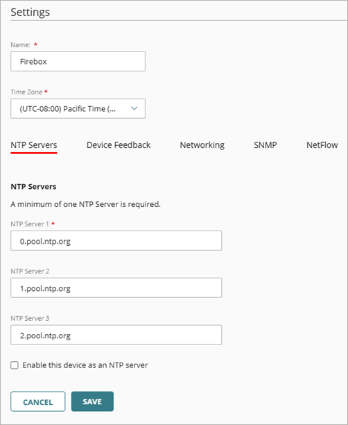Screen shot of cloud-managed device configuration settings page, NTP Servers tab