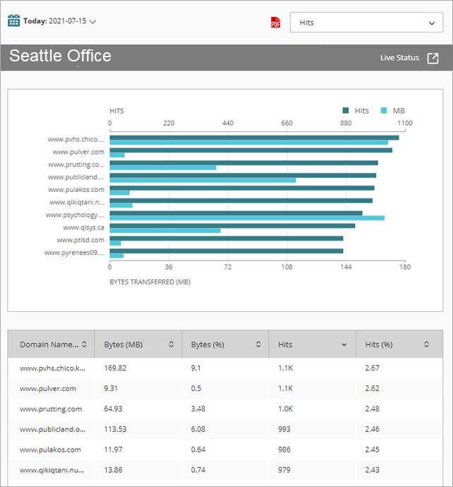Screen shot of Most Popular Domains report