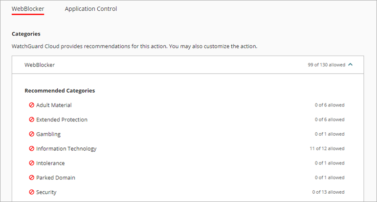 WatchGuard Cloud screen shot of WebBlocker categories