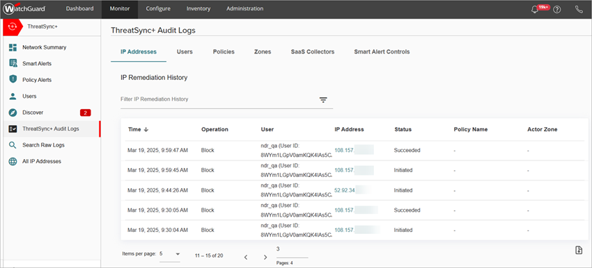 Screenshot of the Network Audit Logs page in ThreatSync+ NDR