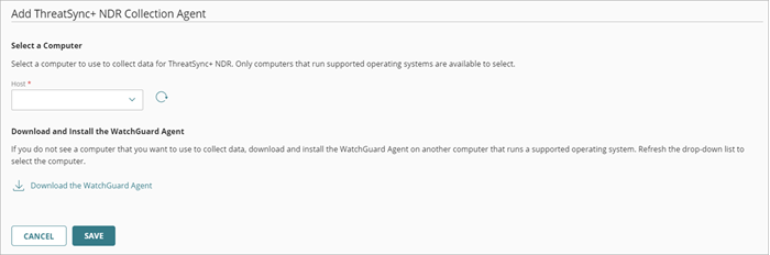 Screen shot of Configure &gt; ThreatSync, Add ThreatSync+ NDR Collection Agents dialog box