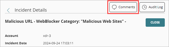 Screenshot of Incident Details page with Comments button highlighted