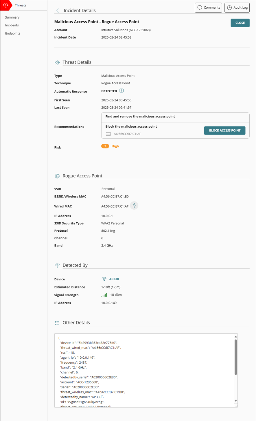 Screen shot of the Incident Details page for a malware incident