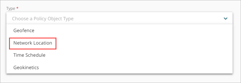 Screen shot of the Type drop-down list on the Add Policy Object page.