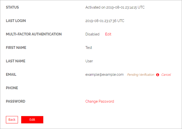 Screen shot of a user account information with a pending email change.
