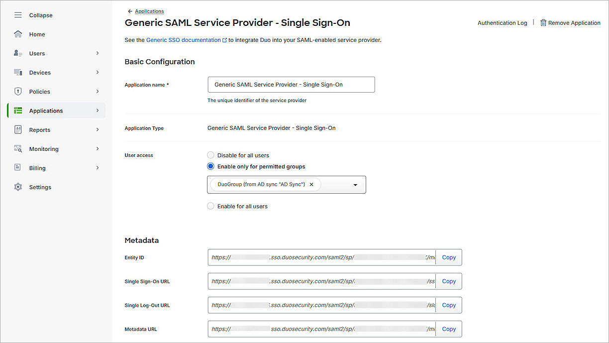 Screenshot of Generic-SAML-Service-Provider SSO application in Duo