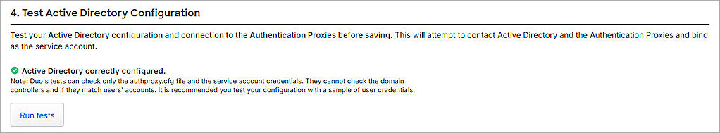 Screenshot of Active Directory configuration test in Duo