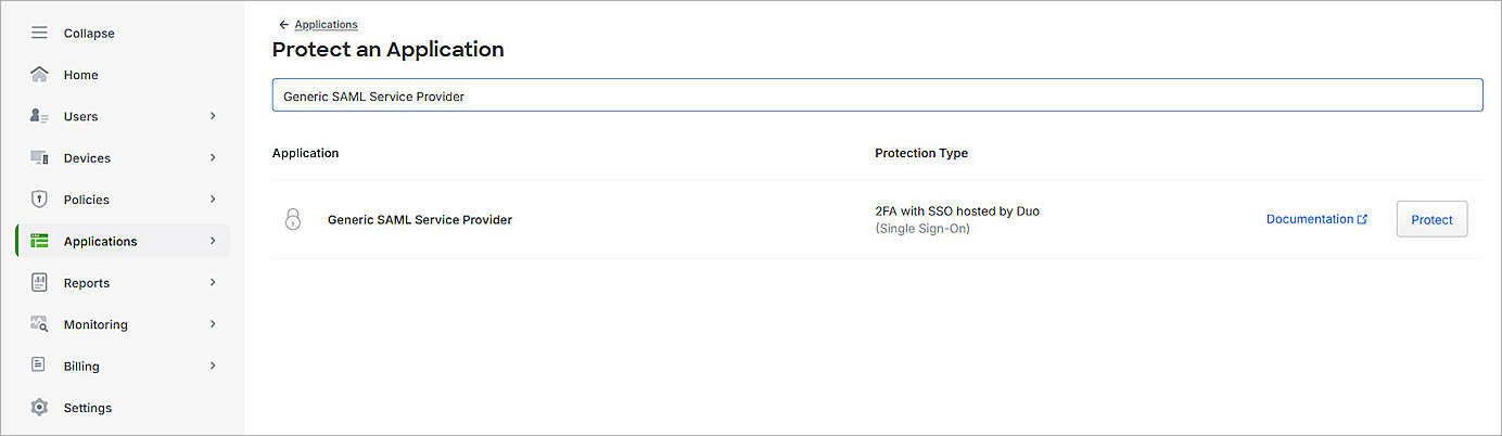 Screenshot of Duo - Protect an Application page 