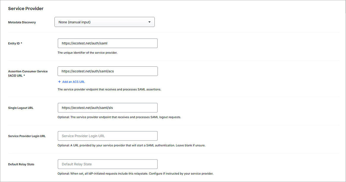 Screenshot of SSO Service Provider configuration section in Duo