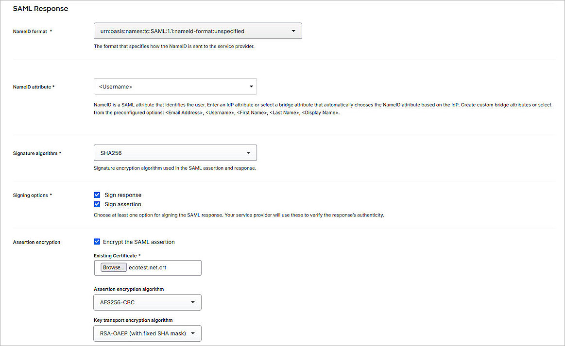 Screenshot of SSO service provider SAML Response configuration section in Duo