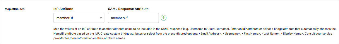 Screenshot of SSO Service Provider configuration map attributes in Duo