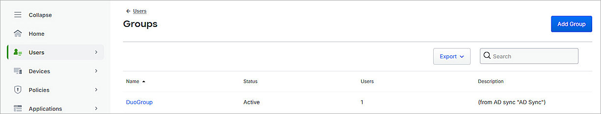 Screenshot of synchonized groups from Active Directory in Duo