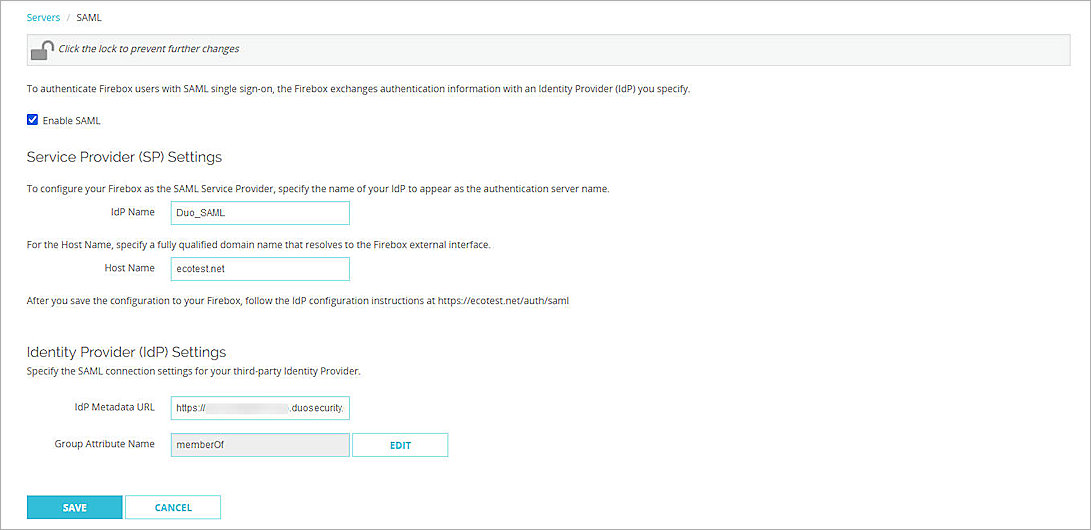 Screenshot of the SAML authentication server configuration in Fireware Web UI with IdP Metadata URL