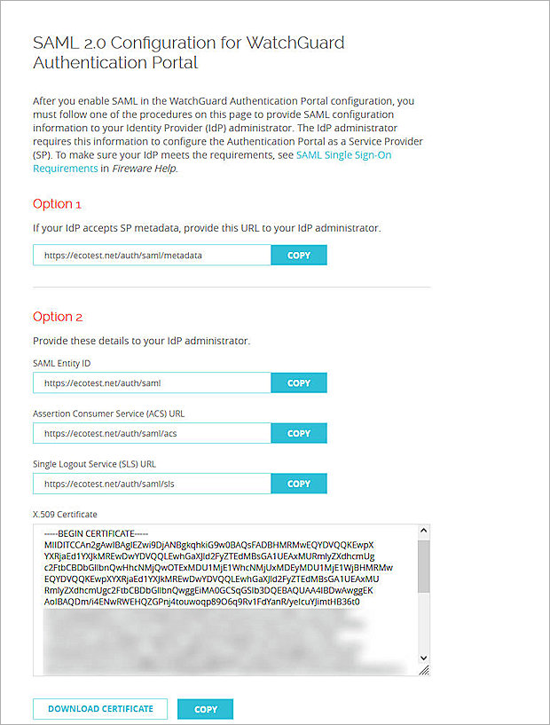Screenshot of the Access Portal metadata URL in Fireware Web UI