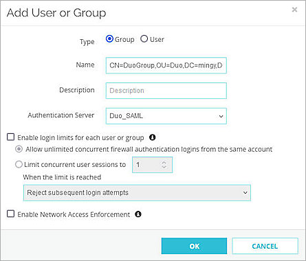 Screenshot of add User or Group dialog box in Fireware Web UI