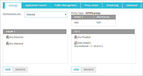 Screen shot of the HTTPS-proxy policy From and To lists